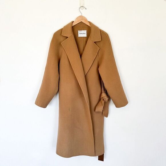 Gentle Herd Women’s Single Breasted Belted Wrap Wool Coat in Color Camel - Picture 2 of 16